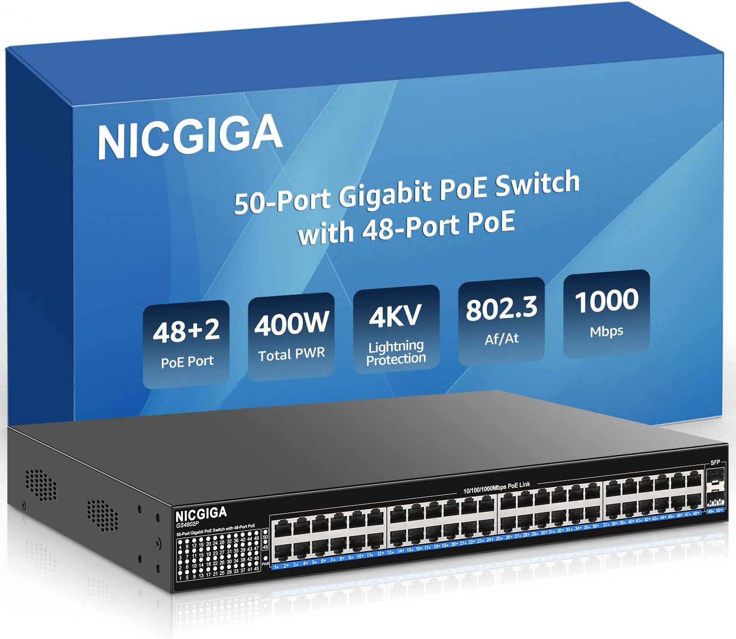 48 Port Gigabit PoE Switch Unmanaged with 48 Port IEEE802.3af/at PoE+@400W, 2 x 1G SFP image 0 48 Port Gigabit PoE Switch Unmanaged with 48 Port IEEE802.3af/at PoE+@400W, 2 x 1G SFP image 0